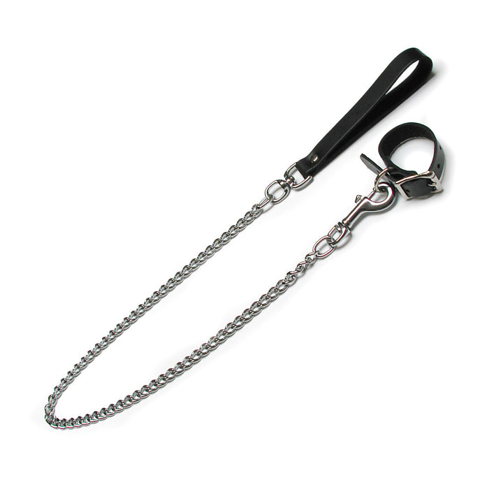 The Kinklab Buckling Cock Ring And Chain Leash Set is shown against a blank background. The cock ring is made of black leather, as is the leash handle. The chain on the leash and the hardware on the cock ring are silver.