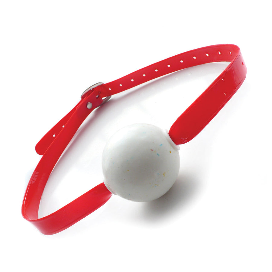 The KinkLab Jawbreaker Gag with red PVC straps is displayed against a blank background. The straps are adjustable and buckle in the back.