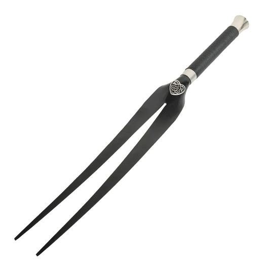 Black fork shaped whipped  with decorative handle on a white background