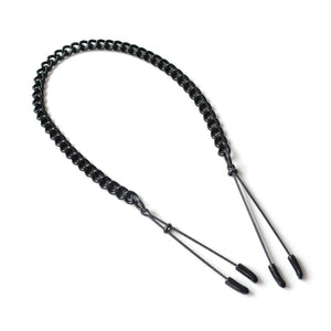 The black Adjustable Tweezer Clamps With a Linked Chain are displayed against a blank background. The clamps resemble tweezers with black rubber tips and a sliding ring to adjust the tension. A black linked chain connects the clamps.
