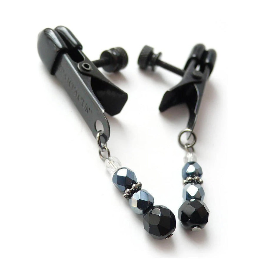  A pair of black Beaded Spring Jaw Nipple Clamps are displayed against a blank background.