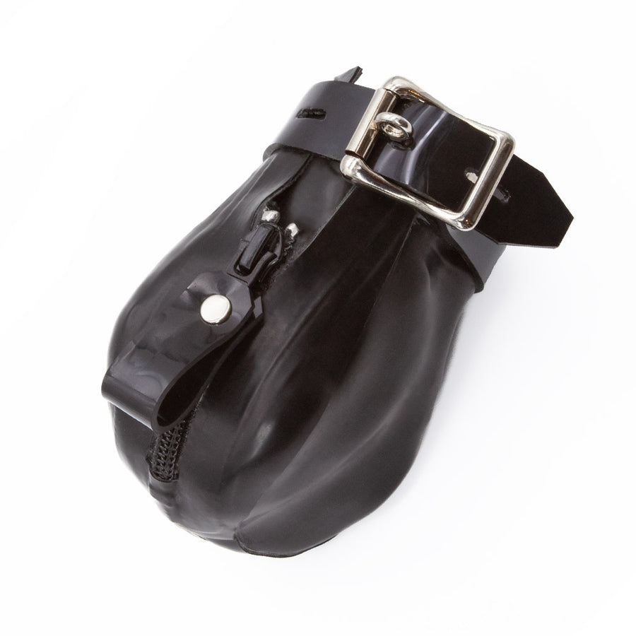 The Locking Rubber Penis Prison is displayed against a blank background. It is a black rubber pouch with an adjustable strap around the base with a lockable buckle. There is a vertical black zipper on one side of the pouch.