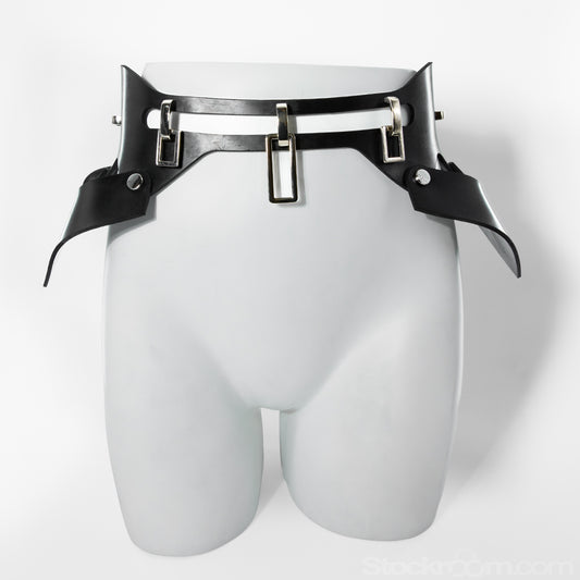The front of the Everly Peplum bondage belt is shown on a mannequin. 