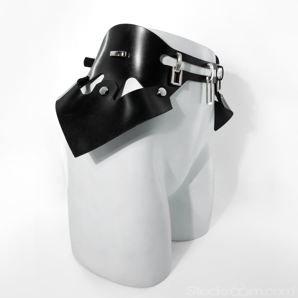 The side of the Everly Peplum bondage belt is shown on a mannequin.
