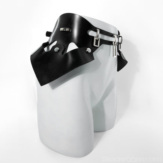 The side of the Everly Peplum bondage belt is shown on a mannequin.