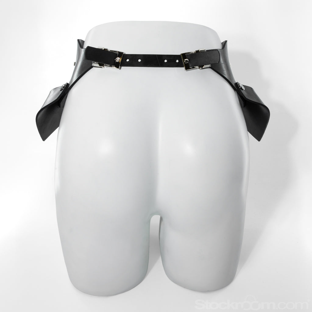 The back of the Everly Peplum bondage belt is shown on a mannequin.