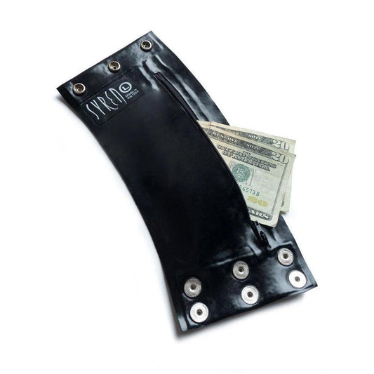 A black Latex Wrist Wallet by Syren Latex is displayed against a blank background. There are two $20 bills in the wallet.