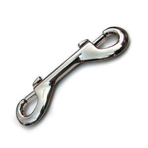 A Nickel-Plated Snap Hook is displayed against a blank background. It is a piece of silver metal with a snap hook on each end.