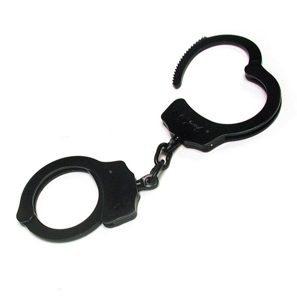 Black metal handcuffs with chain, perfect for beginner bondage restraints or kinky handcuffs play.