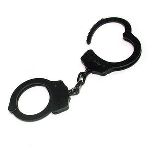 The black Basic Handcuffs are displayed against a blank background. They resemble basic police cuffs with a short connecting chain.