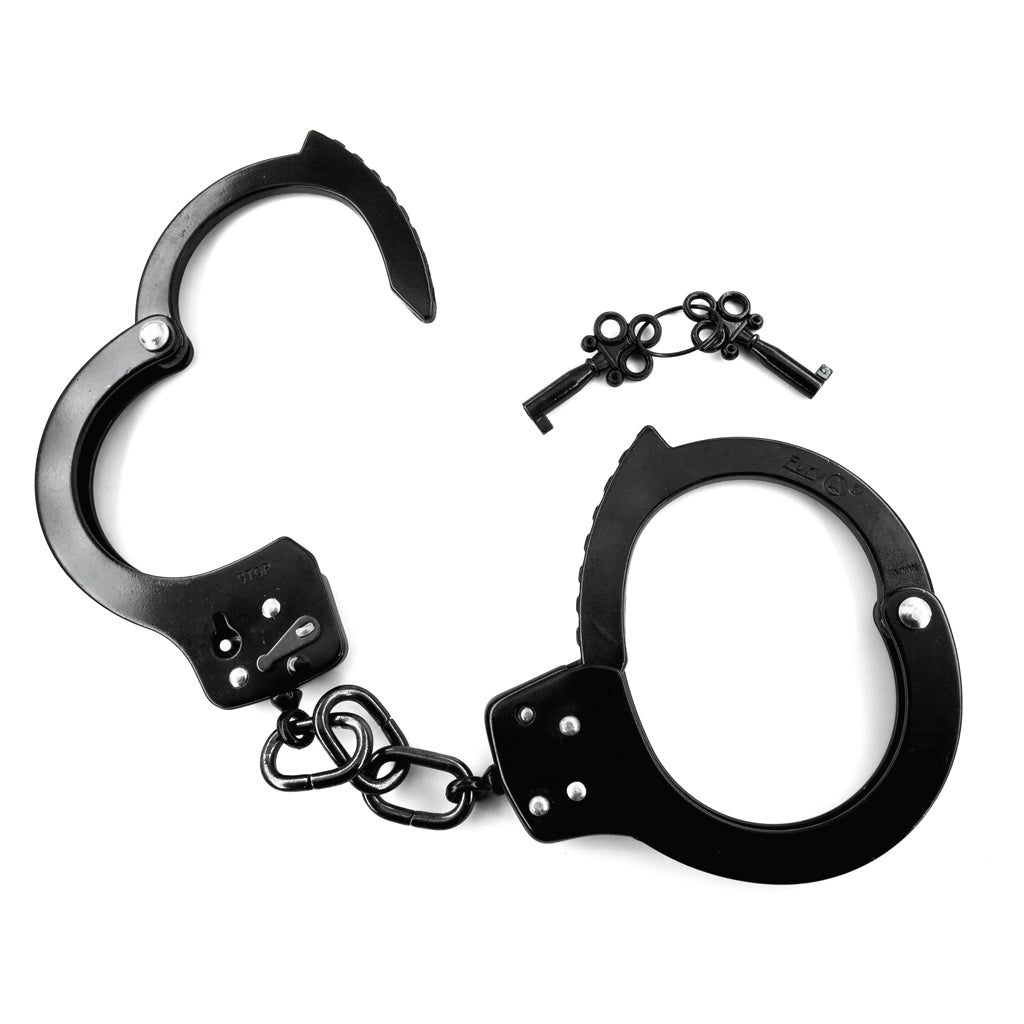 The black Basic Handcuffs are displayed against a blank background. They resemble basic police cuffs with a short connecting chain.
