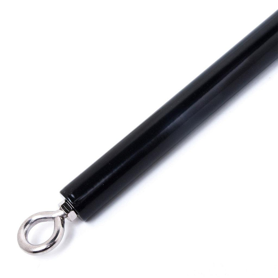 A close-up of the end of the black Adjustable General Purpose Spreader Bar is shown against a blank background, displaying the silver metal eyebolt.