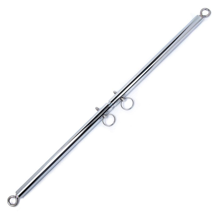 The chrome Adjustable General Purpose Spreader Bar is shown against a blank background. It is a thin silver rod with a metal eyebolt on each end. There are two silver pins with loops in the bar’s center, which can be moved to adjust the bar’s length.