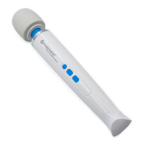 The Magic Wand Rechargeable is shown against a blank background. The handle is made of white plastic with 3 blue buttons and has a thin blue neck that attaches to the white silicone head.