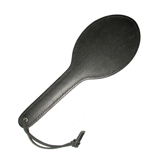 The Round Leather Paddle, made of black leather with a wrist loop on the handle, is displayed against a blank background.