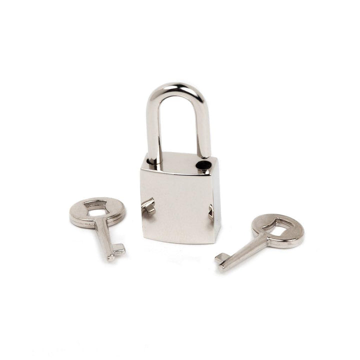 The Baby Nickel Plated Padlock is displayed against a blank background with two keys. It is a small, silver, basic padlock.