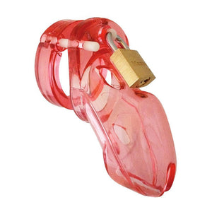 The assembled transparent red chastity cage from the CB-3000 Complete Male Chastity Package is shown against a blank background. The cage has small cutouts, including on the tip of the cage, for circulation. It is locked with a brass padlock.