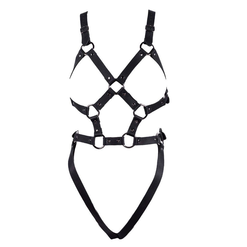 The women's buckle up leather harness is shown on a white background