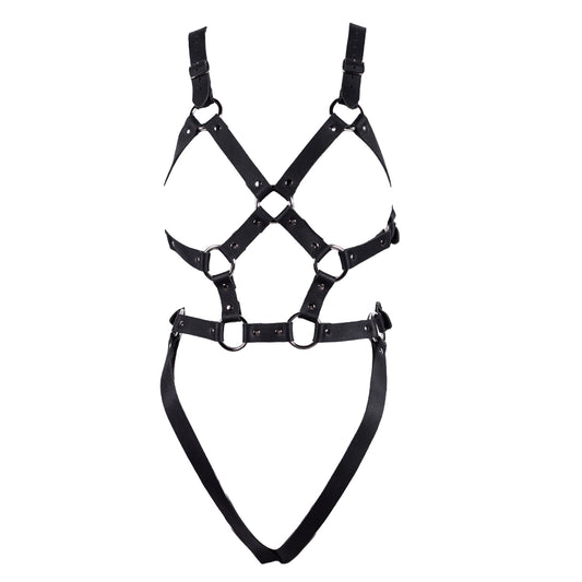 The women's buckle up leather harness is shown on a white background