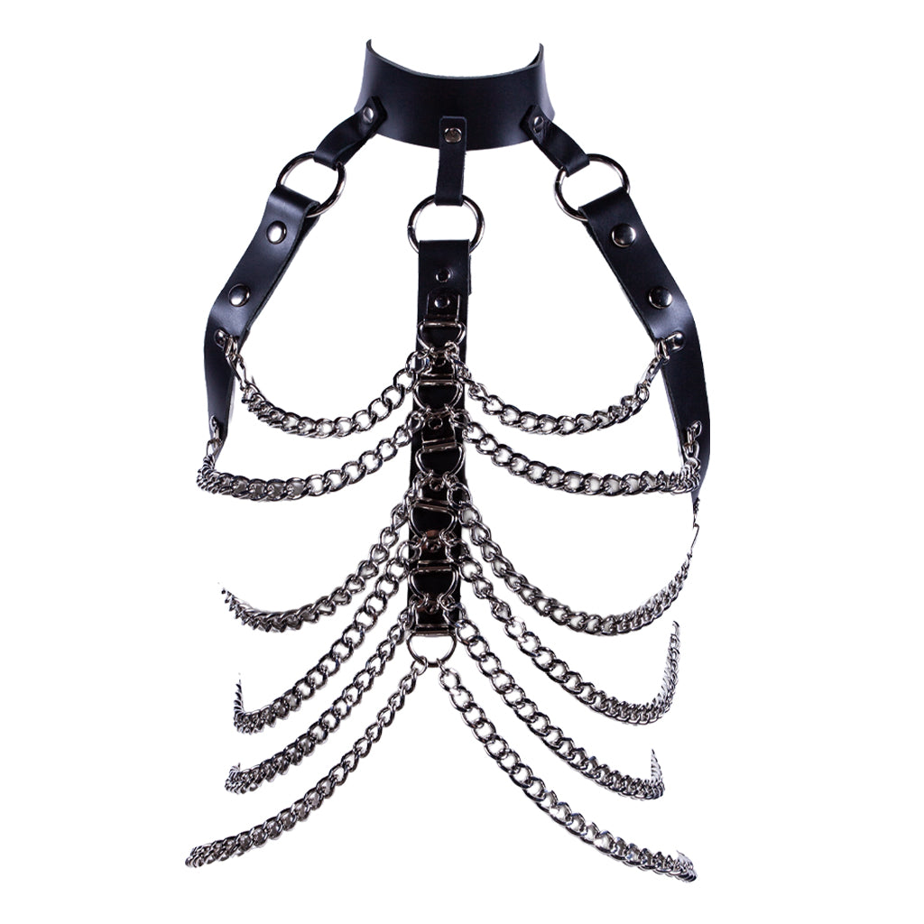 The women's open breast chain harness is shown on a white background