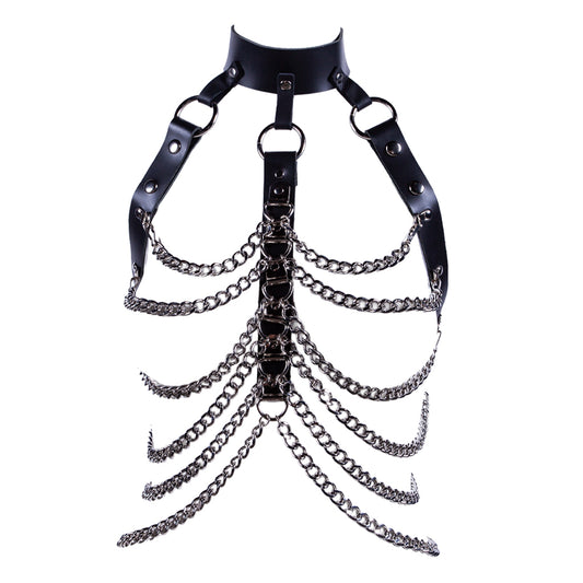 The women's open breast chain harness is shown on a white background