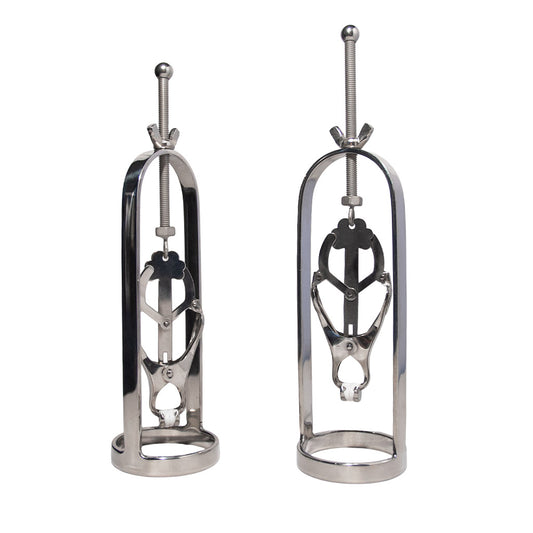 A pair of silver metal Tit Tuggers are displayed against a blank background. They consist of a Japanese Clover Clamp suspended by an adjustable screw inside a curved arch with a ring at the base.
