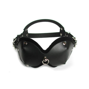 The Mistress Heather Leather Blindfold is displayed against a blank background. It is made of black leather with metal hardware. It has two adjustable straps with buckles on each side.