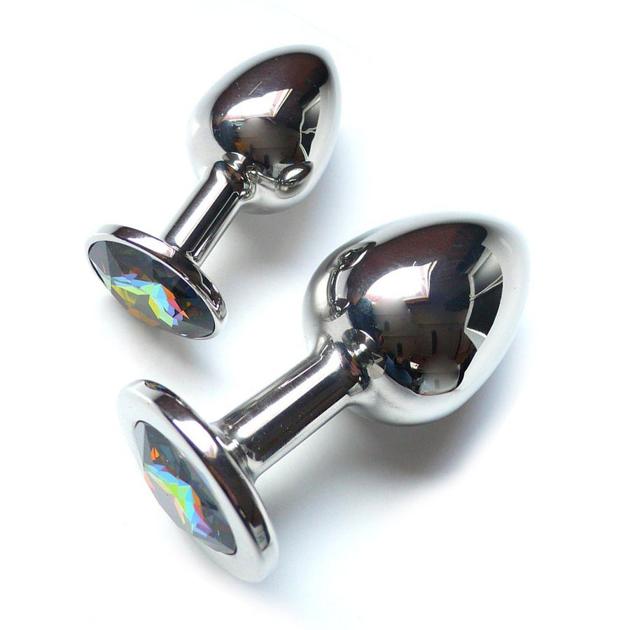 Two Julian Snelling Rosebuds Jeweled Anal Plugs, one medium and one large, are displayed against a blank background. The base has an Aurora Borealis Swarovski Crystal covering it.