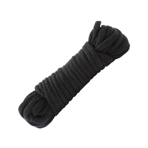 The Cotton Bondage Rope in black is shown neatly coiled up against a blank background.