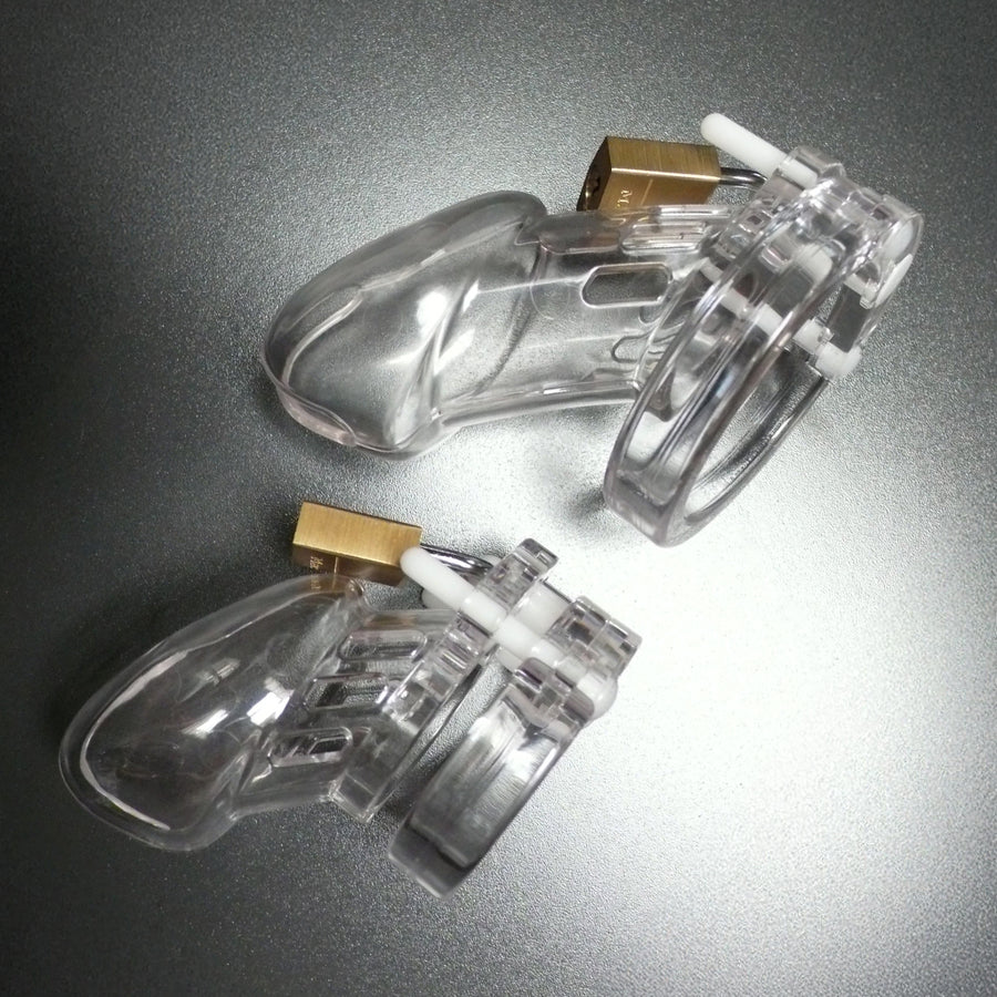 The cage from the CB-6000 Package Male Chastity Kit is displayed against a silver background. Below is the CB-6000S cage. The two cages look exactly the same, but the CB-6000 is larger.