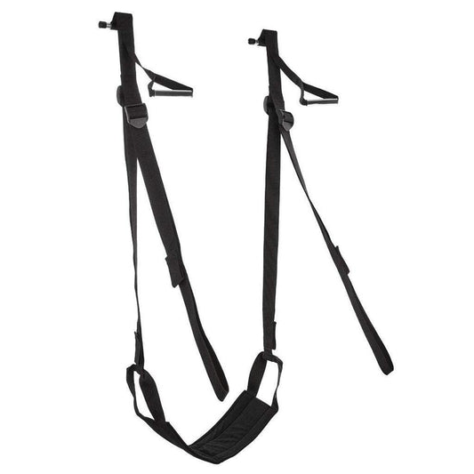 The Door Jam Sex Sling is shown against a blank background. It looks like a swing and has a seat made of black fabric. It has black nylon straps and handles.