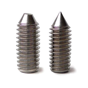 A pair of spikes from Mike's Spikes Cock & Ball Torture Device are shown against a blank background. They both have threaded ends so that their length can be adjusted. One has a pointed tip and the other has a blunt tip.