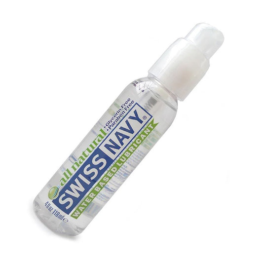 A 4oz bottle of the Swiss Navy All Natural Water-Based Lube is shown against a white background.