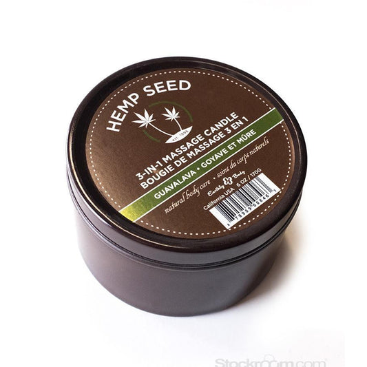 The Earthly Body 3-In-1 Massage Candle, Guavalava is shown against a white background. 