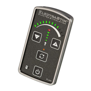 The Electrastim Flick Stimulator Pack stimulator is displayed against a blank background. It is a black rectangular controller with four buttons: down, up, settings, and power. There is an arc of lights at the top showing intensity.