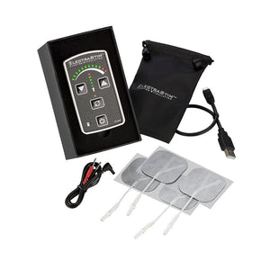 The contents of the Electrastim Flick Stimulator Pack are displayed against a blank background. Shown is the stimulator, four electrapads, wires, a charger, and a pouch.