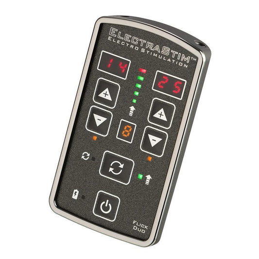 The stimulator from the Electrastim Flick Duo Stimulator Pack is displayed against a blank background. It is a black rectangle with two rows of buttons and two small LCD displays.