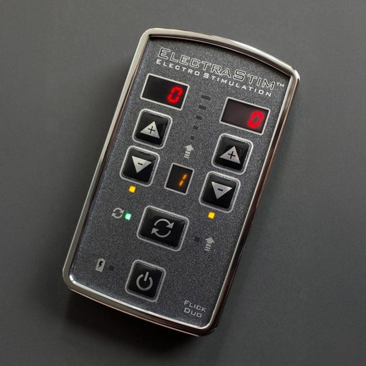 The Electrastim Flick Duo Stimulator Pack stimulator is displayed against a gray background.