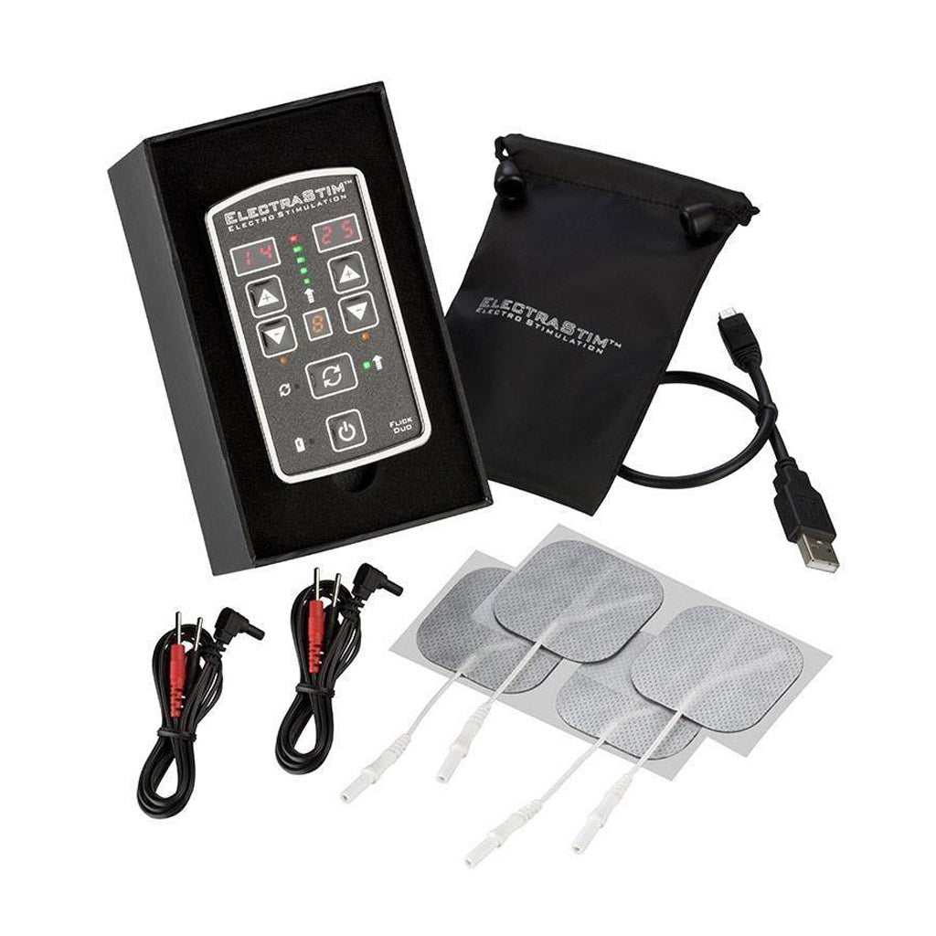The contents of the Electrastim Flick Duo Stimulator Pack are displayed against a blank background, including the stimulator, four unipolar electrapads, connecting wires, a charger, and a pouch. 