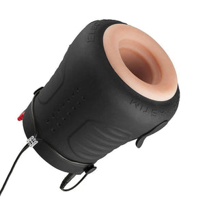 ElectraStim "Jack Socket" Electro Stroker, Standard-The StockroomThe Standard Electrastim "Jack Socket" Electro Stroker is displayed against a blank background. The exterior of the stroker is matte black silicone, and the interior is pale flesh-colored.