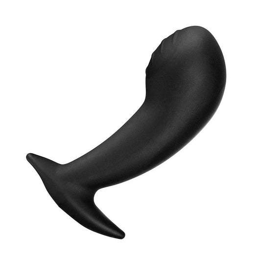 The Electrastim "Nona" Silicone Noir G-Spot Stimulator is displayed against a blank background. It is a curved plug with a bulbous head that is lightly textured and a wide base made of matte black silicone.