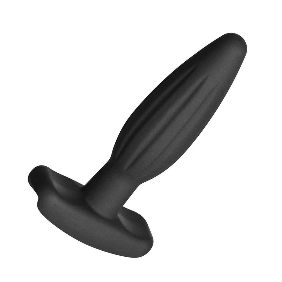 The Electrastim Silicone Noir Rocker Butt Plug is displayed against a blank background. It is a tapered, lightly textured plug with a thin neck and wide base made of matte black silicone.