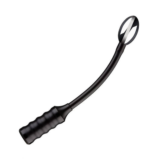 The Electrastim Depth Charge Electro Dildo is displayed against a blank background. It has a bulbous metal head attached to a very thin shaft, which is attached to a wider, cylindrical base. The neck and handle are black silicone.
