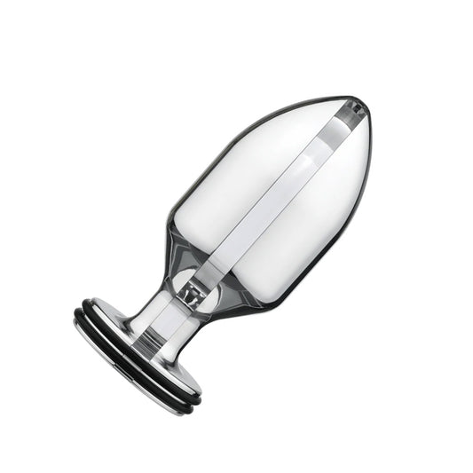 The small Electrastim Extreme Electro Butt Plug is displayed against a blank background. It is a clear tapered butt plug with a flared base.