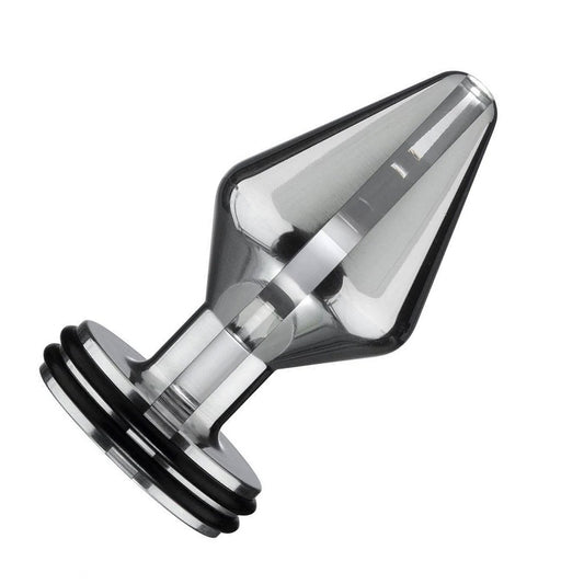 The Electrastim Electro Butt Plug is displayed against a blank background. It is a silver, conical, tapered butt plug with a thin neck and wide base.