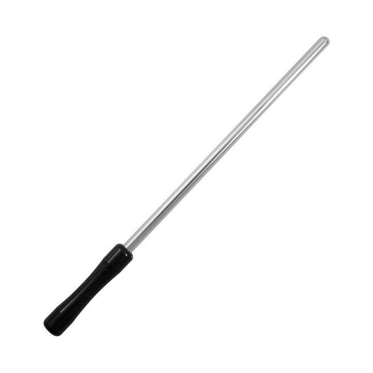 The 5mm Electrastim Urethra Probe, a strait metal rod with a curved tip and a black handle, is displayed against a blank background.