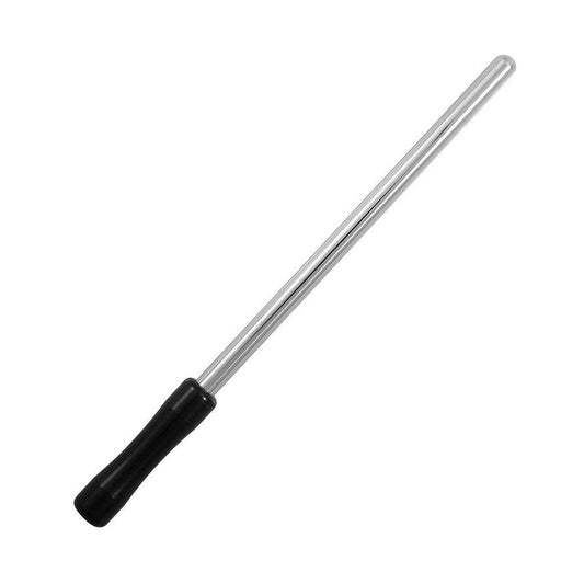 The 7mm Electrastim Urethra Probe, a strait metal rod with a curved tip and a black handle, is displayed against a blank background.