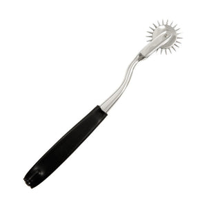 The Electrastim Single Uni-Polar Pinwheel, a metal Wartenberg wheel with a black handle, is displayed against a blank background. 