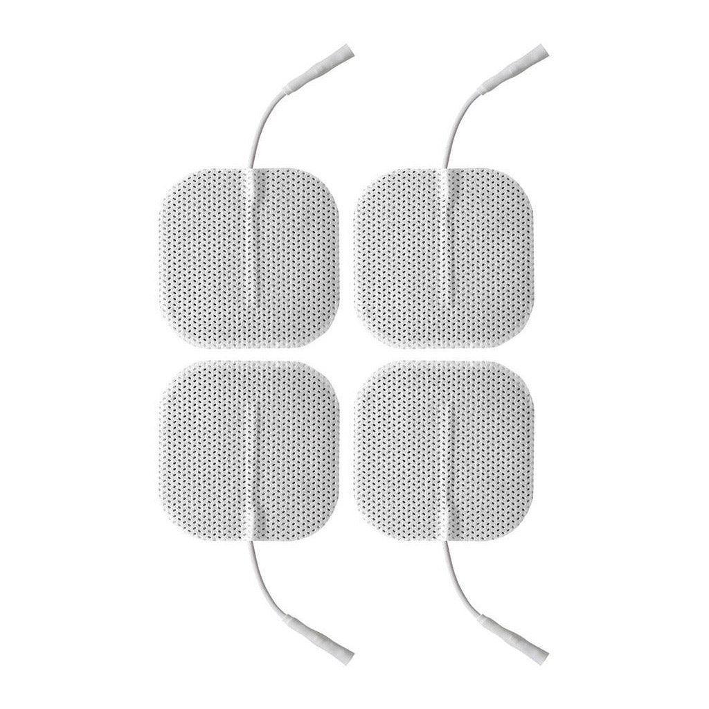 Four Electrastim Square Self Adhesive Pads are displayed against a blank background. They are white squares with thin cords coming out of them.