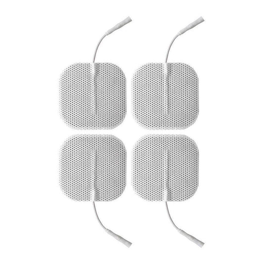 Four Electrastim Square Self Adhesive Pads are displayed against a blank background. They are white squares with thin cords coming out of them.